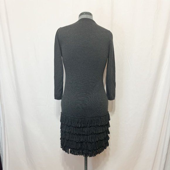 Calvin Klein Sz L Dark Heather Grey 3/4 Sleeves Crew Neck Fringe Sweater Dress - Picture 8 of 14